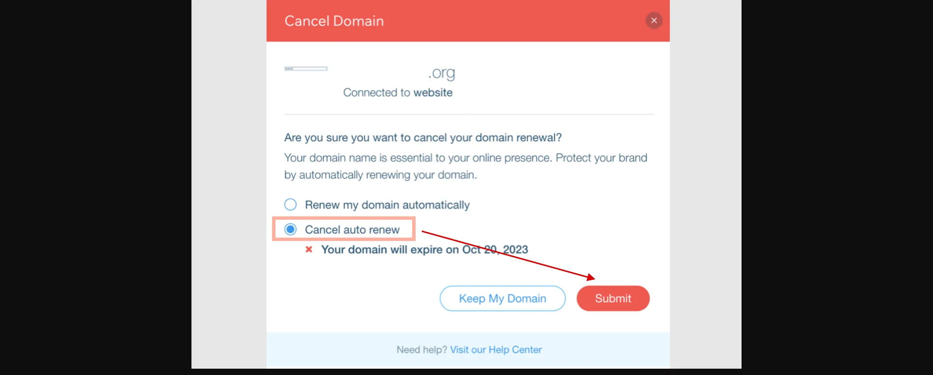 Click Submit to cancel domain