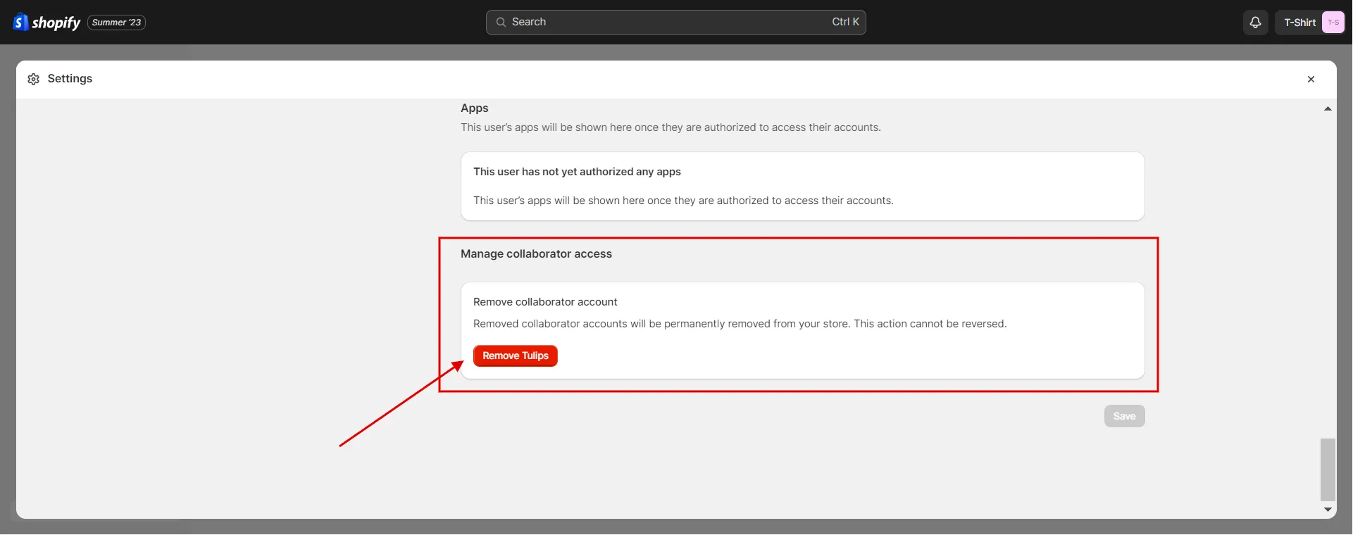 How to remove a collaborator on Shopify admin dashboard