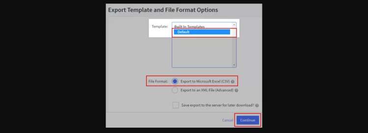 Export templates and file format options