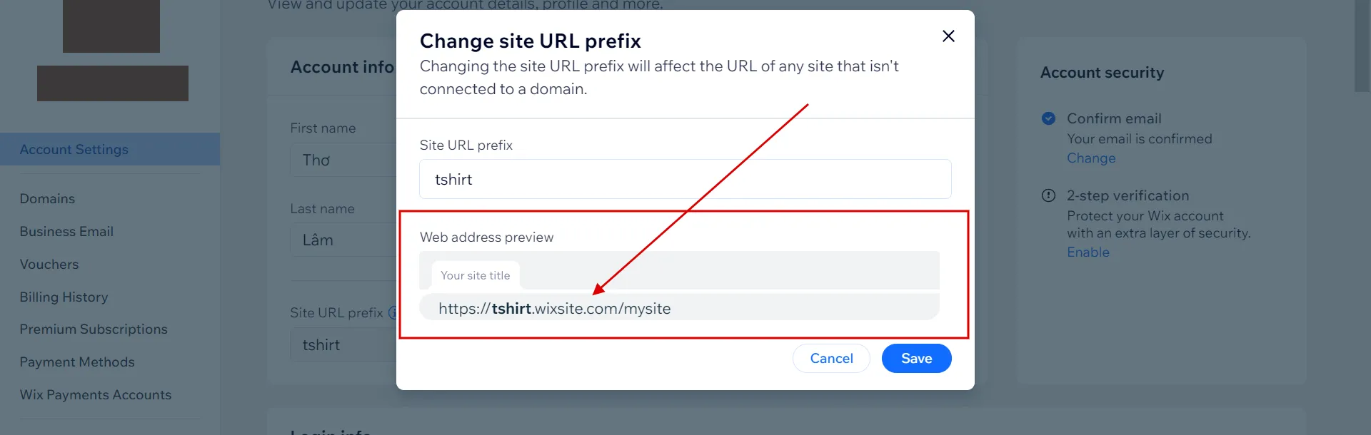 A sample of URL prefix on Wix