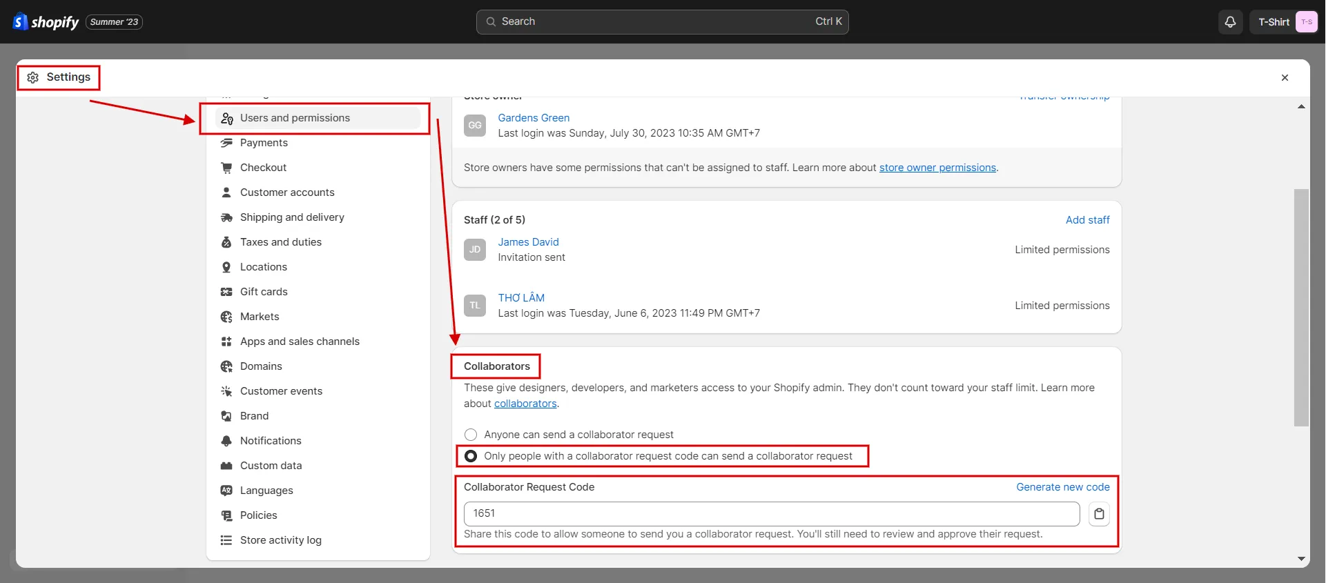 How to enable collaborator request code on Shopify