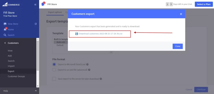 Click Export my customers to a CSV file