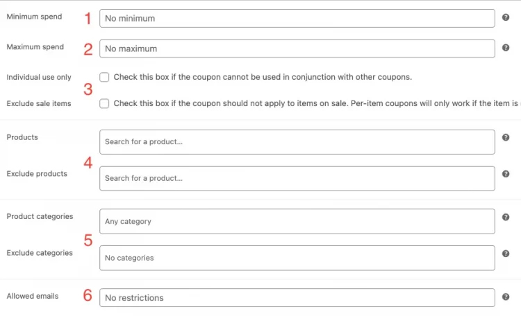 Coupon data usage restrictions settings