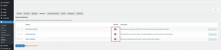 Enable WooCommerce payment methods