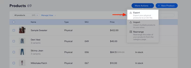 Export Wix products to CSV file