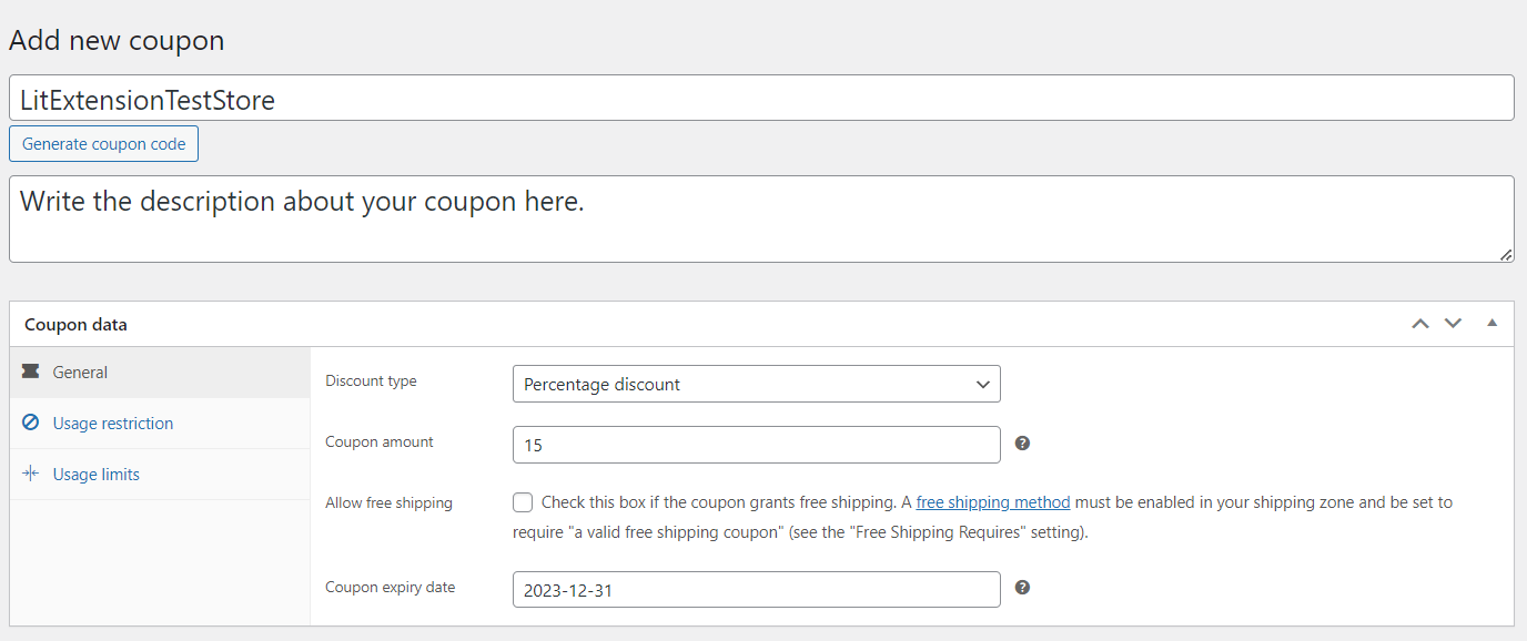 Add new coupon in WooCommerce