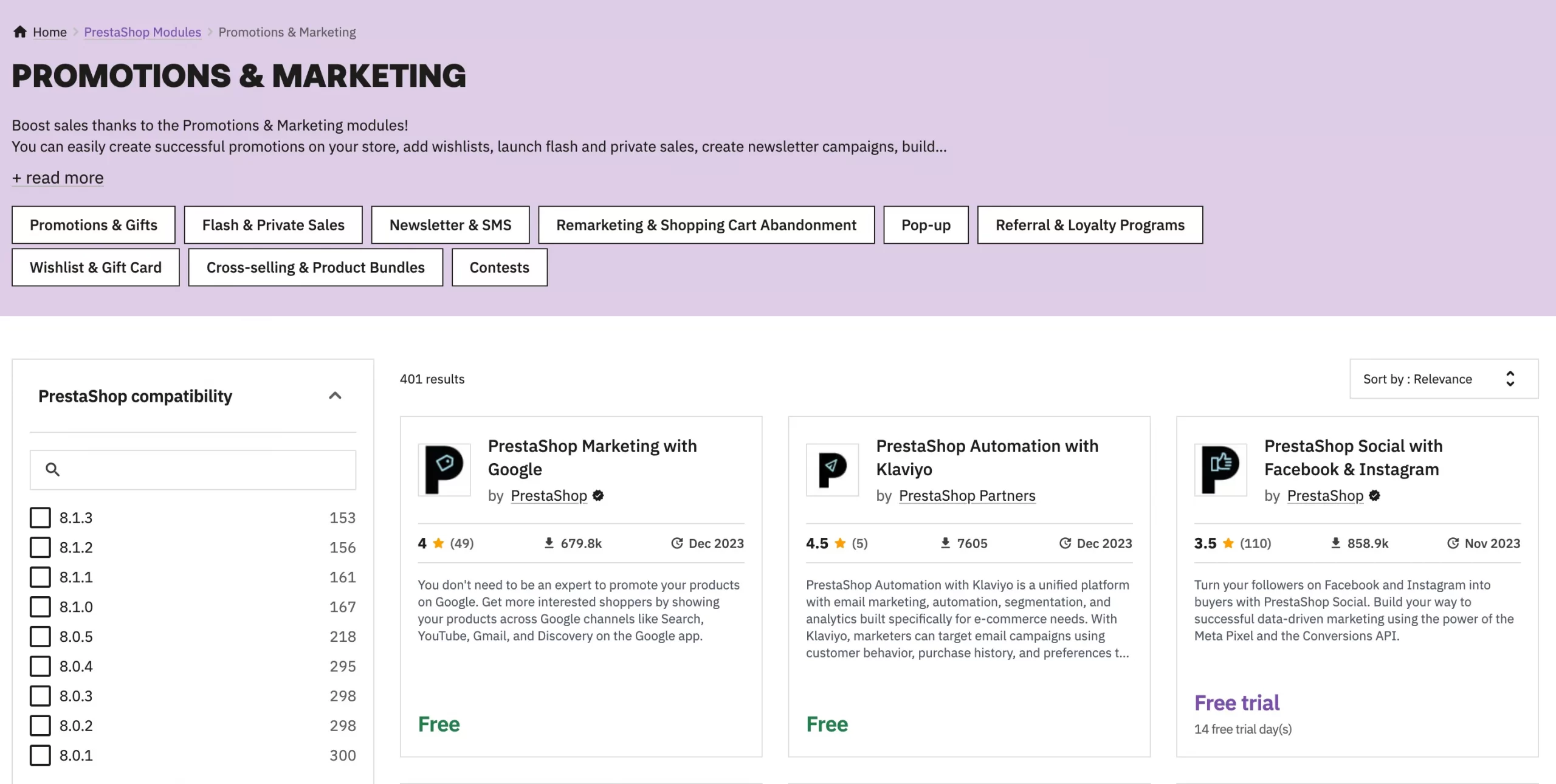 Marketing modules on PrestaShop market