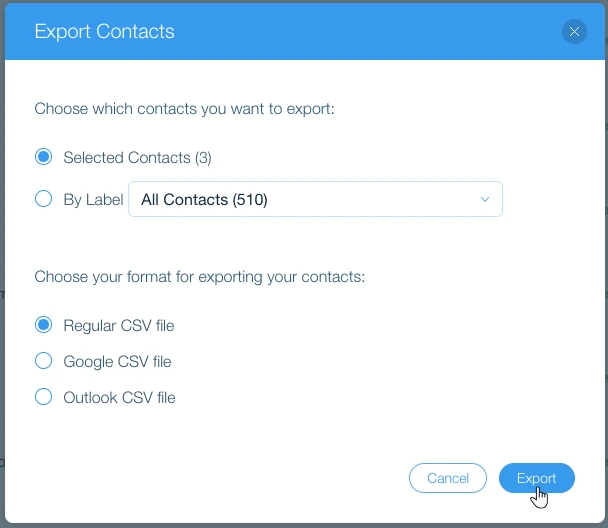 export contacts on wix
