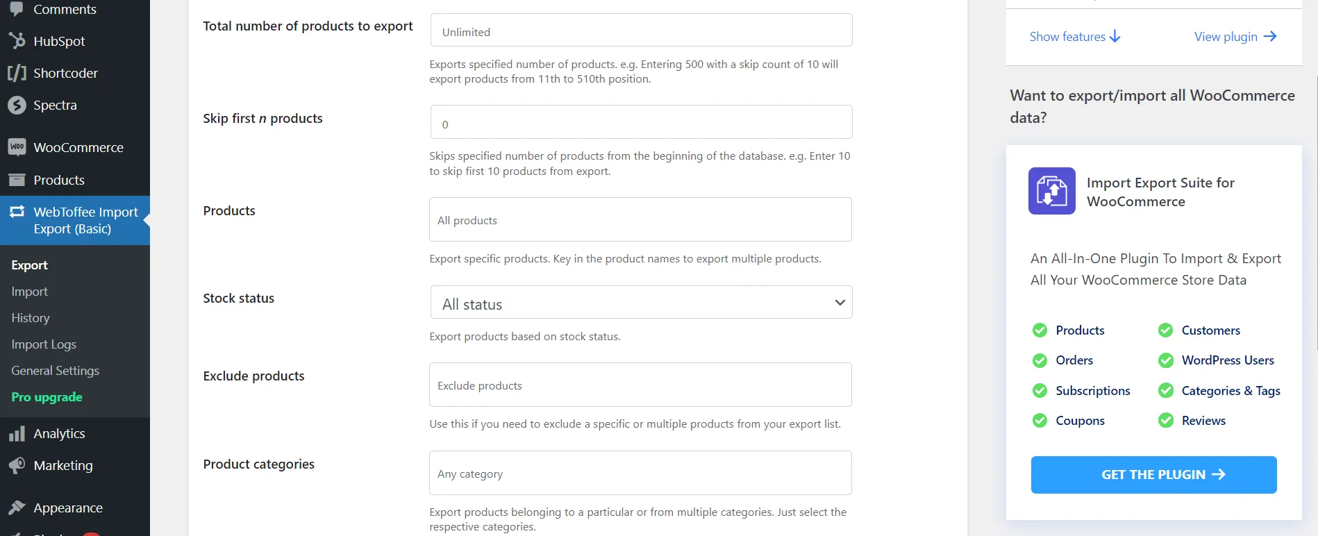 Product data filter for export