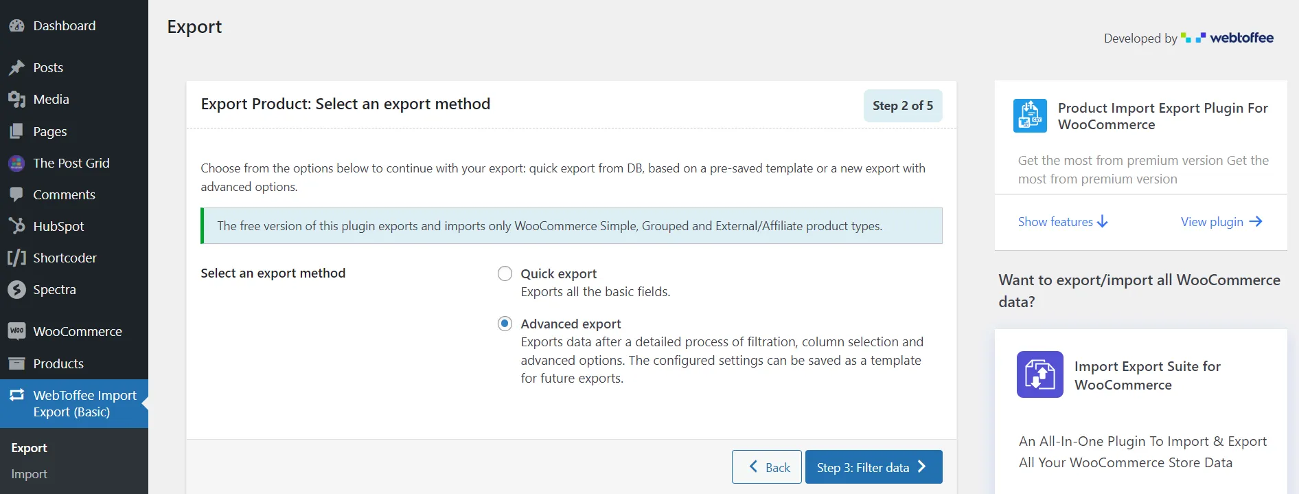 Select WooCommerce product export method