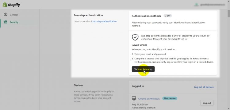shopify two-step authentication settings