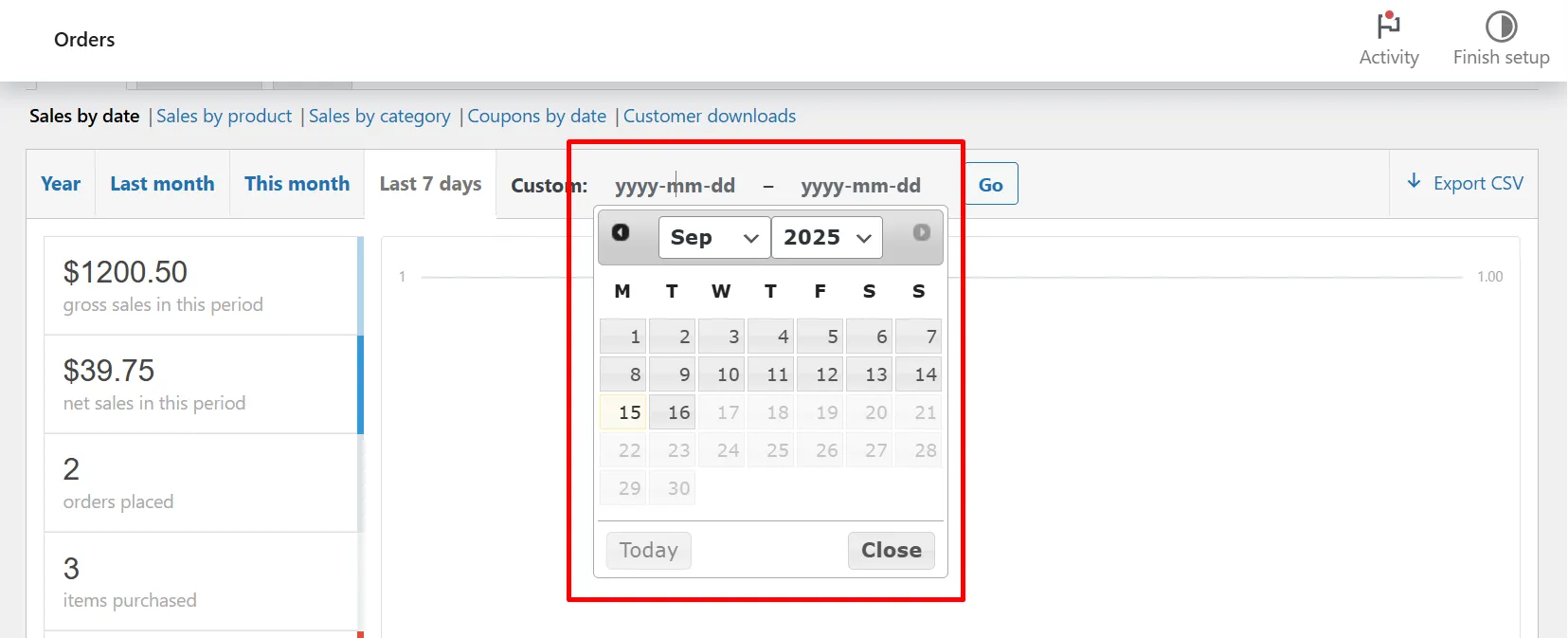 Step 3: Set the date range for orders export