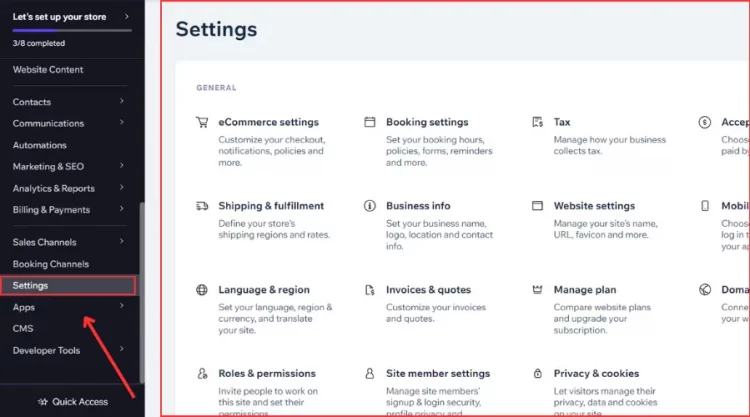 Click the Settings to open all Wix settings 