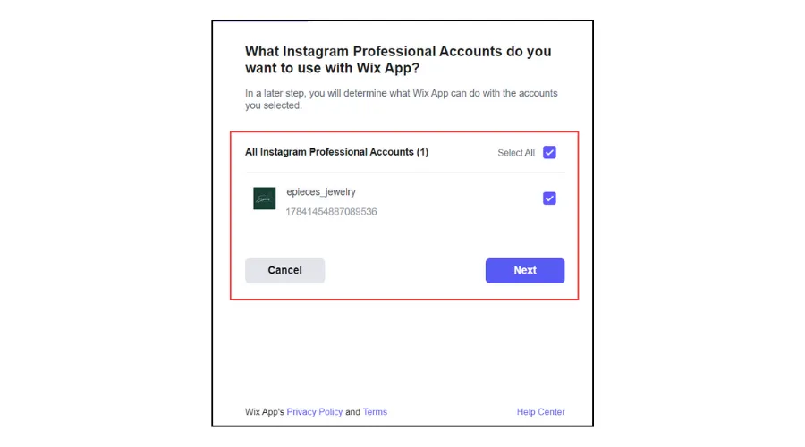 Select the Instagram account you want to connect