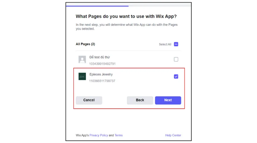 Choose the proper Facebook page to use with the Wix