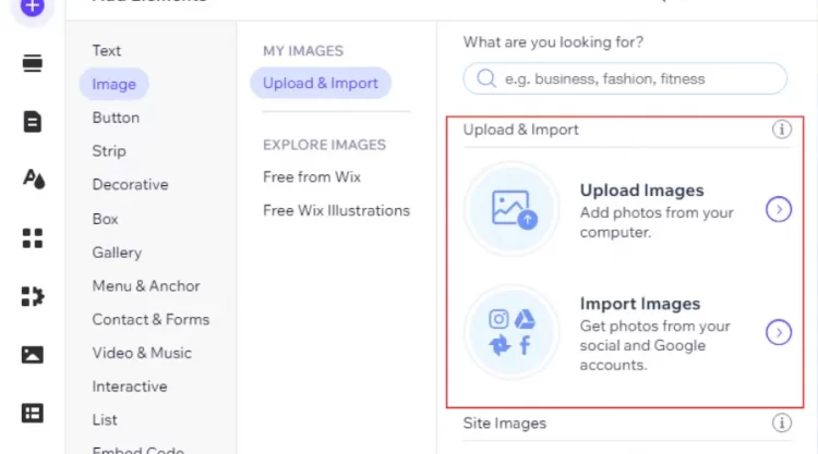 Click Upload Images or Import Images to open a new window