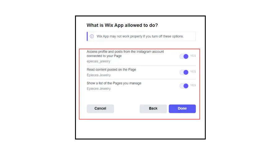 Review permissions from Instagram