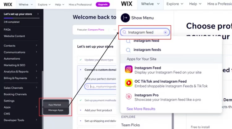 Search Instagram Feed app from the Apps in the Wix Editor 