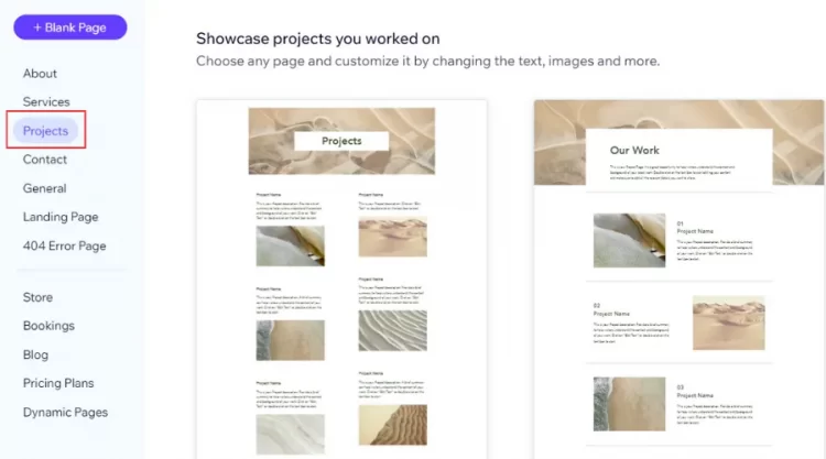 Project page templates on Wix