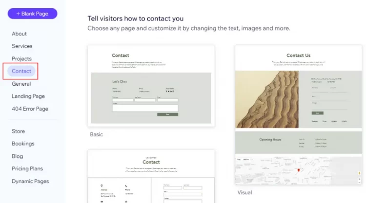 Contact page templates on Wix