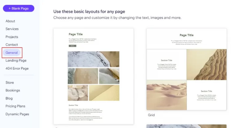 General page templates on Wix