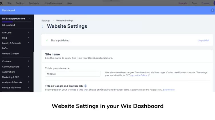 The Website Settings in your Wix Dashboard