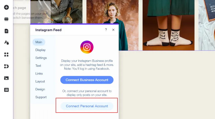 Choose to Connect Personal Account in Instagram Feed box