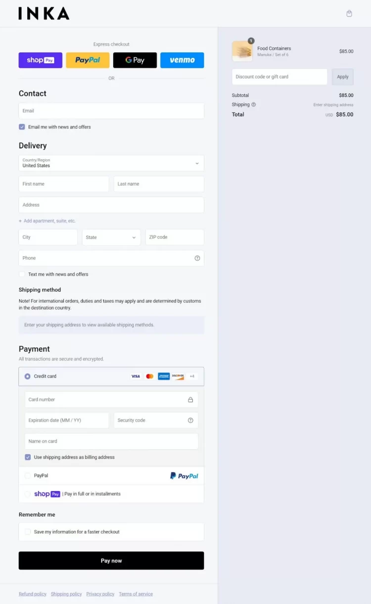 Shopify one page checkout example from Inka