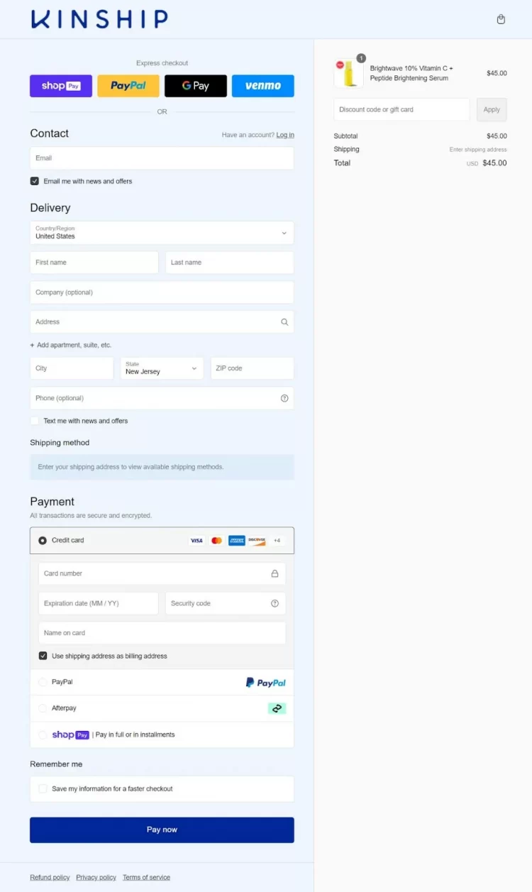 Shopify one page checkout example from Kinship