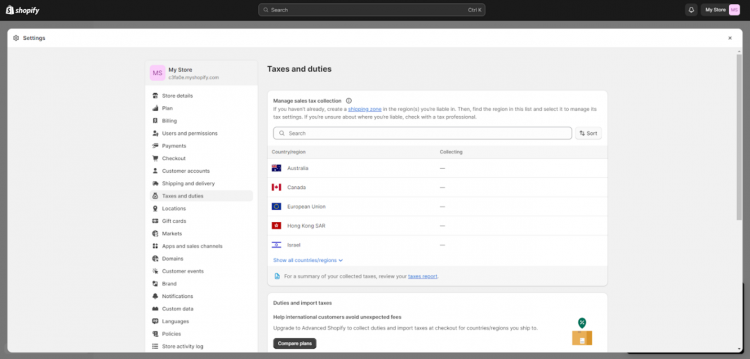 Shopify Tax Page