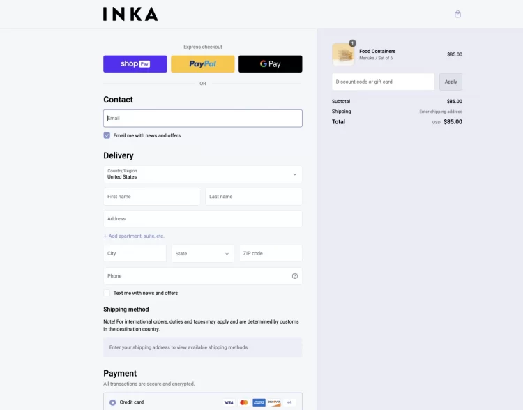 inka checkout page