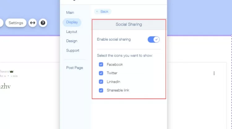 Open Display tab to modify Social Sharing