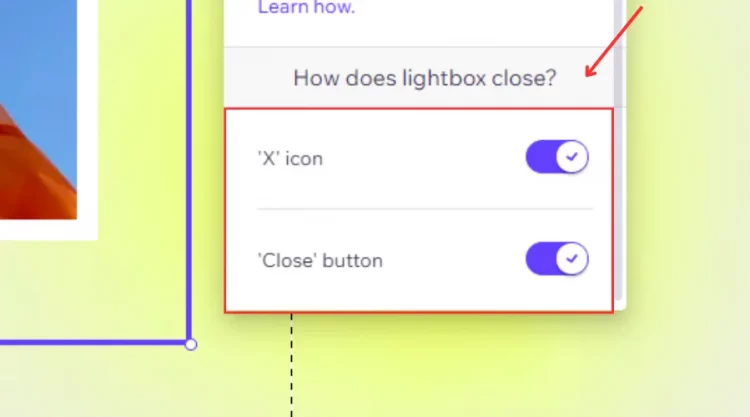 Click Close button and X icon to establish your lightbox exiting