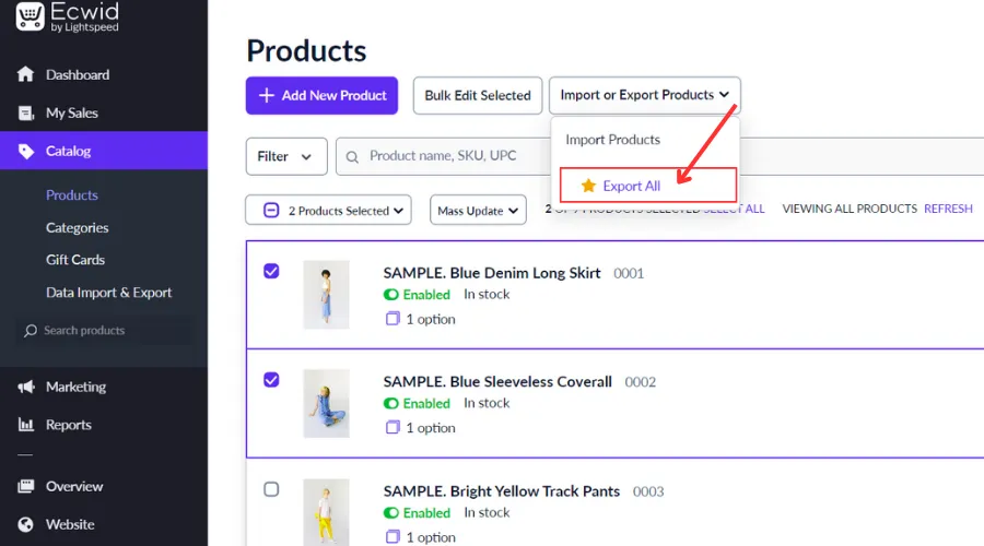 Click Export All to get a CSV file of your products on Ecwid 