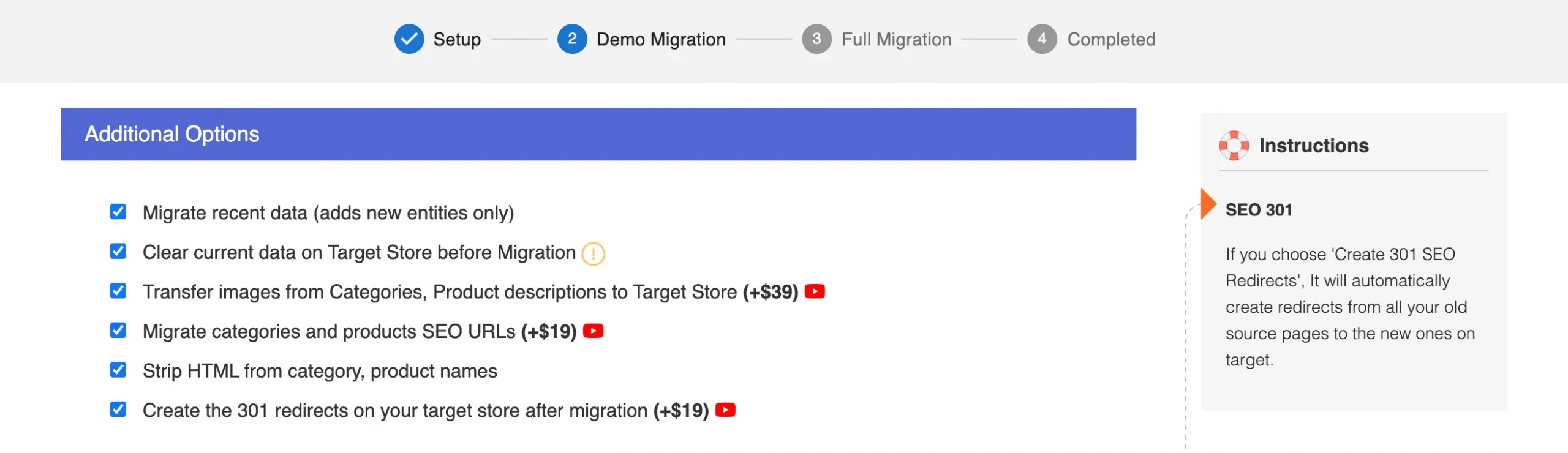 Select Additional Options for your migration to BigCommerce