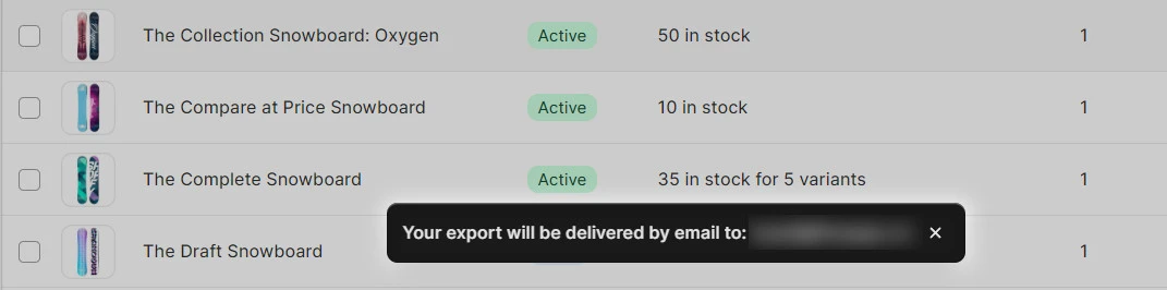 Shopify data export notification pop-up