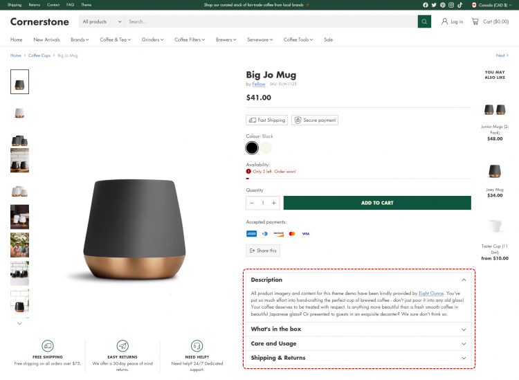 shopify product description example