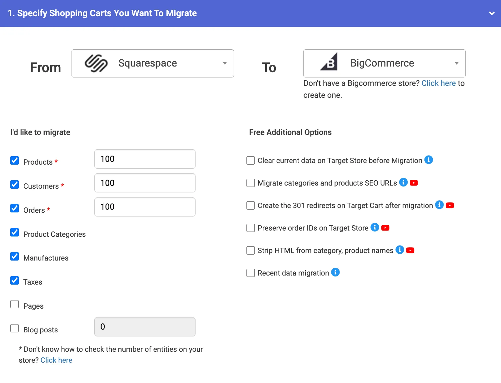 Specify Squarespace and BigCommerce carts for your migration