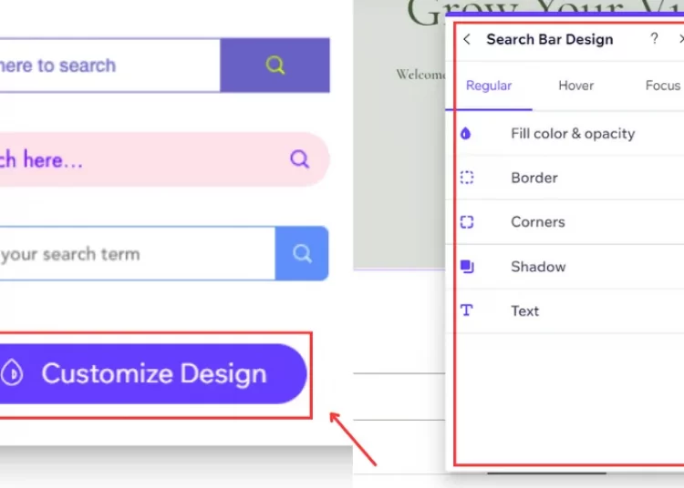 Click Customize Design button in Search bar Design tab