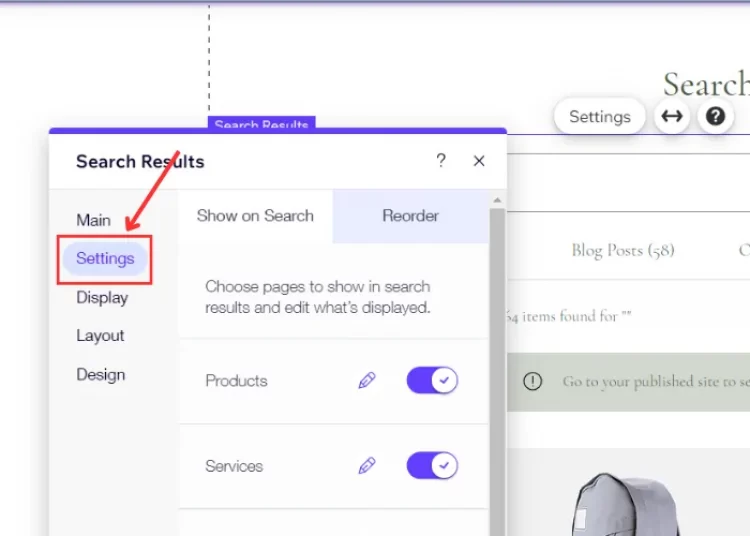 Click Settings button in Search Results tab