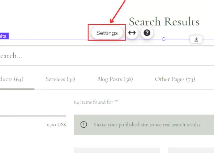Click Search Results element and select Settings button