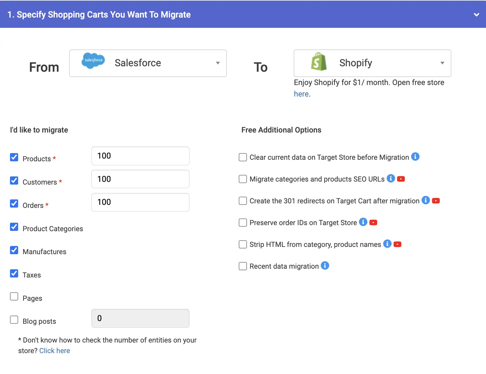 Choose the entities you want to migrate from Salesforce to Shopify Plus