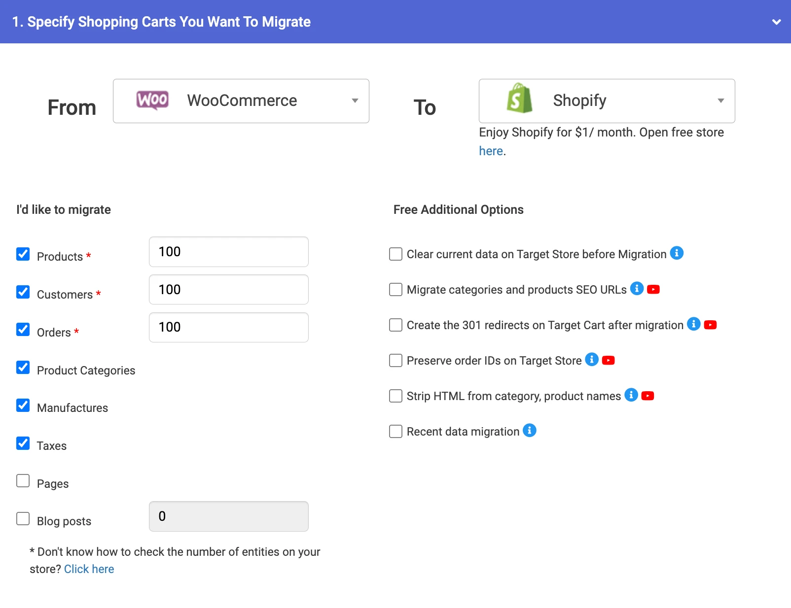 Choose the entities you want to migrate from WooCommerce to Shopify Plus