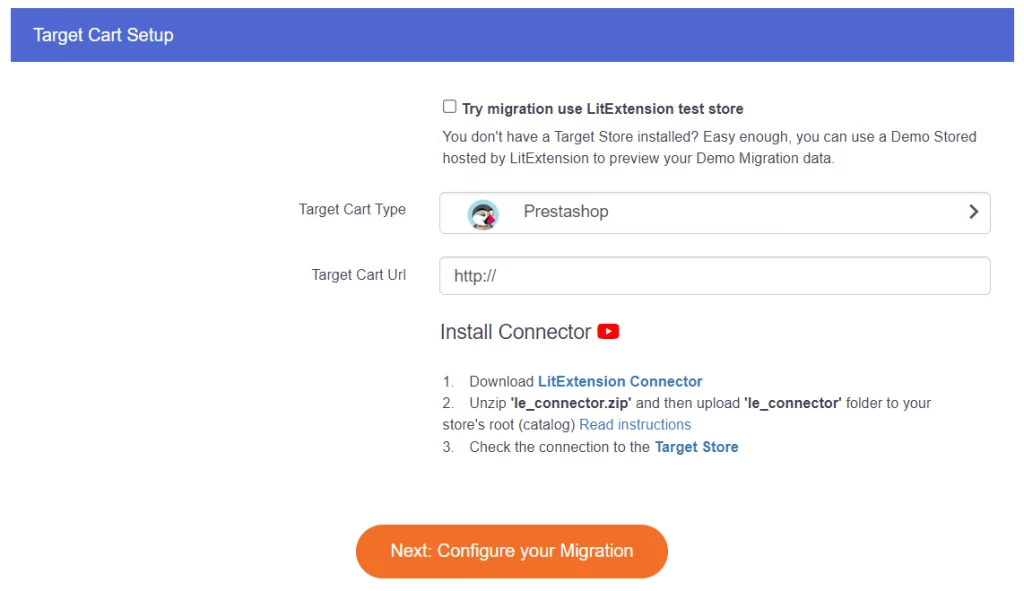 Set up PrestaShop as your Target Cart when migrating WooCommerce to PrestaShop with LitExtension