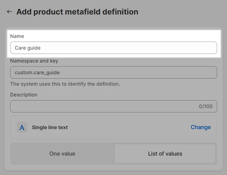 shopify custom metafield definition