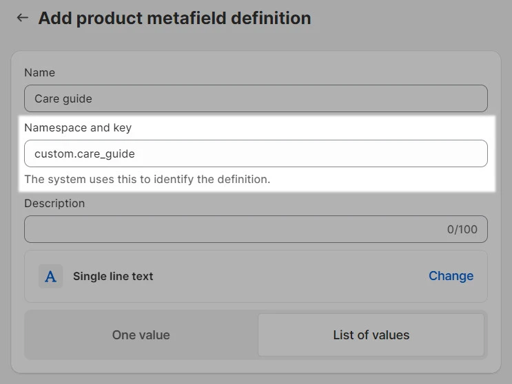 shopify custom metafield definition
