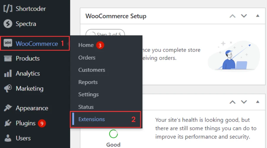 Select WooCommere and click Extensions