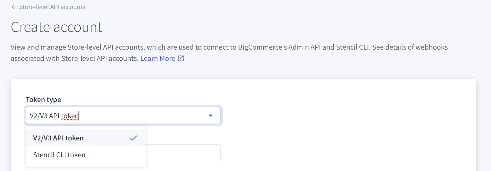 Choose the token type for the BigCommerce API