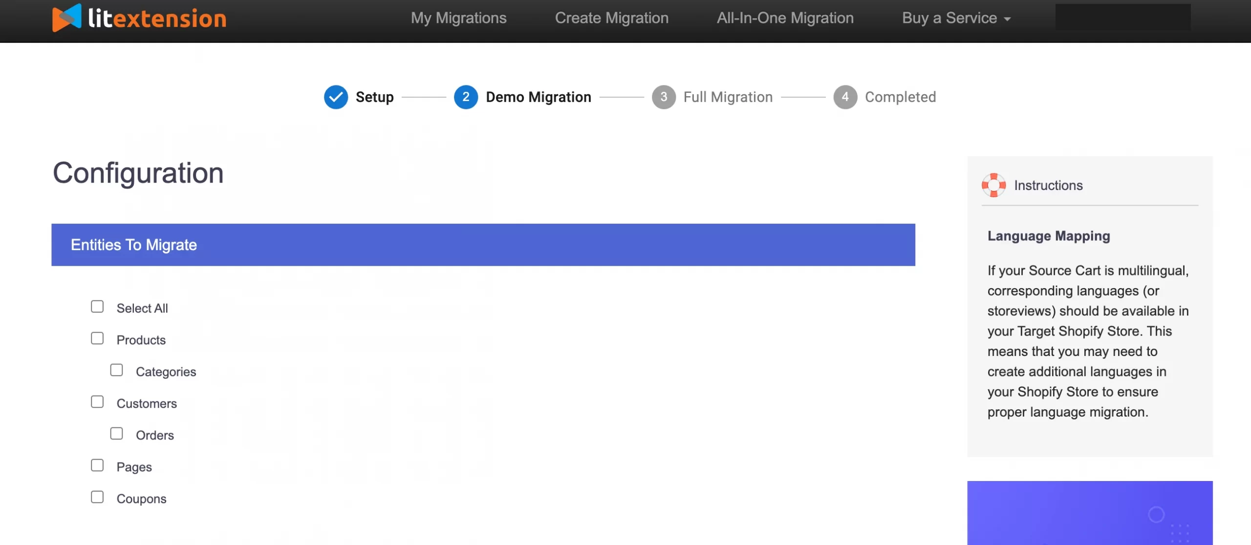 Select entities to migrate 