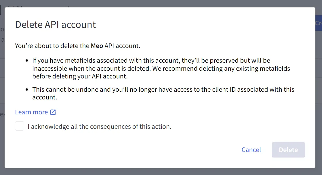 API account delete pop-up
